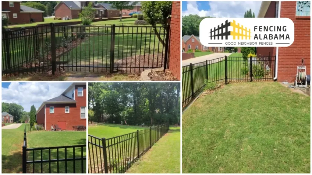 Black powder-coated aluminum estate fence with spear-top pickets along a front yard in Huntsville AL