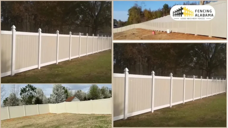 White vinyl privacy fence installed along a backyard property line in Madison, Alabama